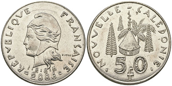 Французская Новая Каледония 50 франков 2006 хижина среди сосен и пальм, (IEOM) KM 13a, Schoen 15a, Lec 128i медно-никель 114-113