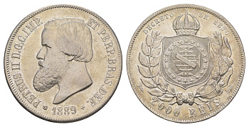 Бразилия 2000 реалов (рейсов) 1889 Педро II (1831-1889) KM 485 серебро 1520-514
