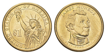 США 1 доллар 2008 D, Президент США - Джеймс Монро (1817-1825) KM 426 медь с марганцево-латунным покрытием UNC 4629-237