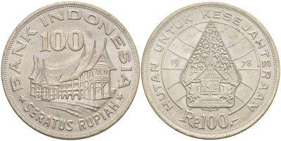 Индонезия 100 рупий 1978 хижина Минангкабау, легендарное дерево жизни KM 42 медно-никель UNC 4545-1032