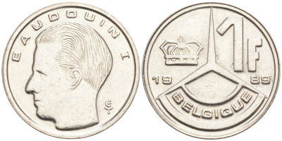 Бельгия 1 франк 1989 Belgique, Бодуэн I (1951-1993) KM 170 железо плакированное никелем 214-855