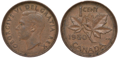Канада 1 цент 1950 Георг VI (1937-1952), кленовый лист KM 41 бронза 4164-261