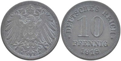 ГЕРМАНИЯ 10 ПФЕННИГОВ 1918 KM 26, J. 299 цинк 175-232