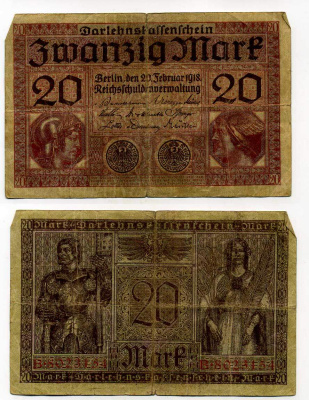 ГЕРМАНИЯ 20 МАРОК 1918 20 ФЕВРАЛЯ 1918, СЕРИЯ B, КРАСНАЯ, МИНЕРВА И МЕРКУРИЙ Pick 57, Rosenberg 55 бумага 6283-48-3