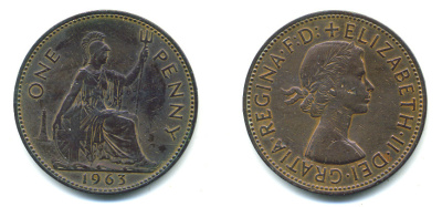 Великобритания 1 пенни 1963 Елизавета II (1952-2022) KM 897, Spink 4157 бронза 25-522