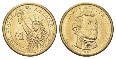 США 1 доллар 2008 D, Президент США - Джеймс Монро (1817-1825) KM 426 медь с марганцево-латунным покрытием UNC 4629-237