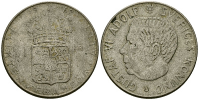 Швеция 1 крона 1962 U, Густав VI Адольф (1950-1973) KM 826 серебро 4177-1014