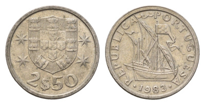 Португалия 2,5 эскудо 1983 парусник KM 590 медно-никель 4708-359
