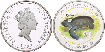 Острова Кука 1 доллар 1998 серия Австралийская фауна, морская черепаха, цветная эмаль KM 318 серебро  PROOF  00-00