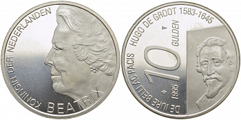 Нидерланды 10 гульденов 1995 300 лет со дня смерти Хьюго Грута, королева Беатрикс KM 220 серебро UNC 3896-322