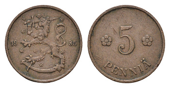 Финляндия 5 пенни 1935 KM 22 медь 4684-168