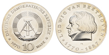 ГДР 10 марок 1970 A, 200 лет со дня смерти Людвига ван Бетховена KM 27.1, J. 1523 серебро UNC 1099-1-23