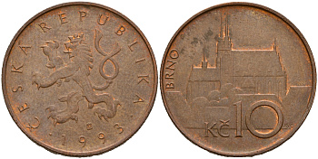 Чехия 10 крон 1993 кафедральный собор в Брно KM 4 сталь плакированная медью  4601-1157