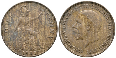 Великобритания 1 пенни 1935 Георг V (1910-1936) КМ 838, Spink 4055 бронза 4364-4224