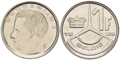БЕЛЬГИЯ 1 ФРАНК 1989 BELGIE, БОДУЭН I (1951-1993) KM 171 железо плакированное никелем 206-224