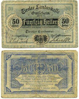 Австрия, Инсбрук 50 геллеров 1920 1 октября 1920, нотгельд, земля Тироль   бумага   8614-31-1-1
