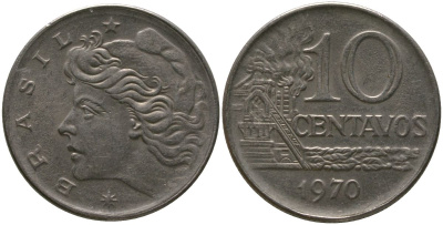Бразилия 10 сентаво 1970 KM 578.2, Schon 83a нержавеющая сталь 4577-537