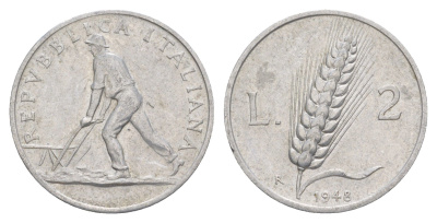 Италия 2 лиры 1948 KM 88 алюминий 4637-454