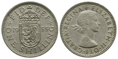 Великобритания 1 шиллинг 1955 Елизавета II (1952-2022), Шотландский герб KM 905, Spink 4148 медно-никель 4384-552