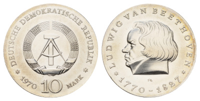ГДР 10 марок 1970 A, 200 лет со дня смерти Людвига ван Бетховена KM 27.1, J. 1523 серебро UNC 1099-1-23