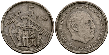 Испания 5 песет 1957 Франсиско Франко (1939-1975) KM 786 медно-никель 4176-447