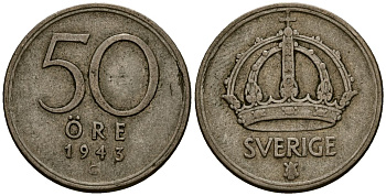 Швеция 50 эре 1943 Густав V (1907-1950) KM 817 серебро 4177-923