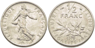 ФРАНЦИЯ 1/2 ФРАНКА 1970 СЕЯТЕЛЬ KM 931.1, LE FRANC 198.9 никель 175-936