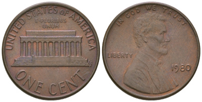 США 1 цент 1980 Авраам Линкольн KM 201 медь цинк 3458-321