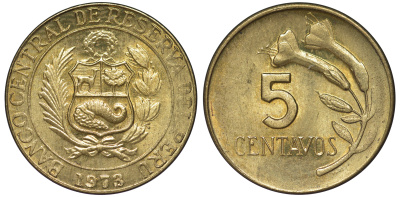 Перу 5 сентаво 1973 KM 244.2 латунь aUNC 4189-1022