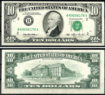 США 10 долларов 1993 B - Нью-Йорк Pick 492 бумага аUNC 6294-25-2-2