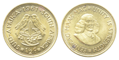 ЮАР 1/2 цента 1961 Ян ван Рибек KM 56 латунь UNC 92-1155