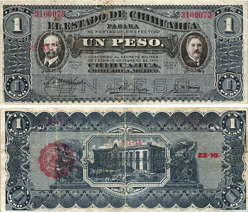 Мексика, Революция 1 песо 1915 штат Чиуауа, красная зубчатая печать, широкие головы Pick S530b бумага 6278-49-3