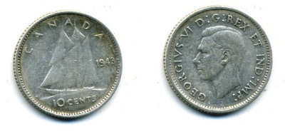 Канада 10 центов 1943 Георг VI (1936-1952), парусник KM 34 серебро 46-1241