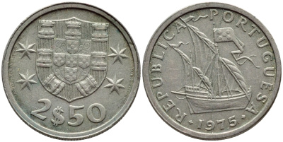 ПОРТУГАЛИЯ 2,5 ЭСКУДО 1975 ПАРУСНИК KM 590 медно-никель 4396-147