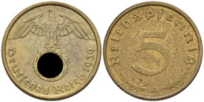 Германия 5 рейхспфеннигов 1939 A KM 91, J. 363 алюминиевая бронза 4567-1044