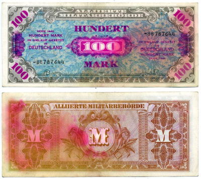 Германия, оккупация союзниками 100 марок 1944 8 цифр, без кода, выпуск СССР Pick 197 d, Розенберг 206 d бумага 2195-29-2-2