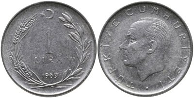 Турция 1 лира 1969 Мустафа Кемаль Ататюрк KM 889а.2 нержавеющая сталь 4538-1223
