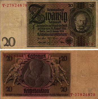 ГЕРМАНИЯ 20 РЕЙХСМАРОК 1929 22 ЯНВАРЯ 1929, БУКВА Е Pick 181а бумага 7183-66-3-2