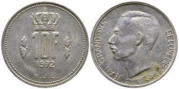 ЛЮКСЕМБУРГ 10 ФРАНКОВ 1972 KM 57 никель 4379-1222
