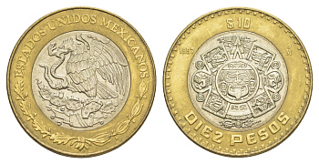 Мексика 10 песо 1997 Мо, бог Тонатиуха с огненной маской KM 616 биметалл aUNC 4637-717