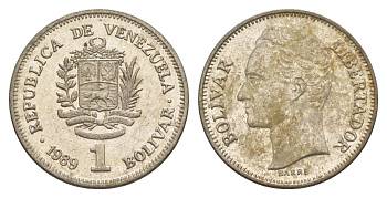 Венесуэла 1 боливар 1989 Симон Боливар, тонкий шрифт Y 52a.1 сталь плакированная никелем 4591-353