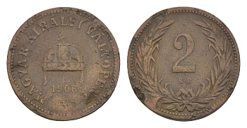 Венгрия 2 филлера 1906 KB, Франц Иосиф I (1848-1916) KM 481 бронза 4516-1058
