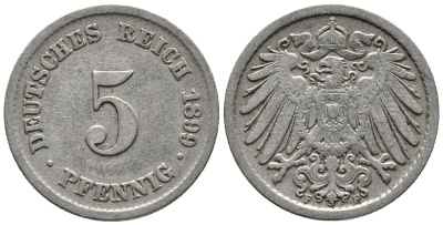 ГЕРМАНИЯ 5 ПФЕННИГОВ 1899 F KM 11, J. 12 медно-никель 39-739