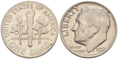 США 10 ЦЕНТОВ = 1 ДАЙМ 1972 РУЗВЕЛЬТ KM 195a медь плакированная медно-никелем 187-1048