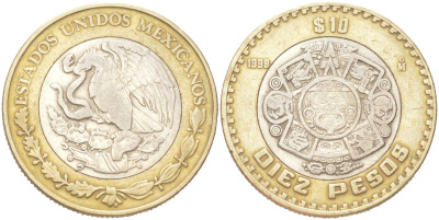 Мексика 10 песо 1998 Мо, бог Тонатиуха с огненной маской KM 616 биметалл 4156-1022