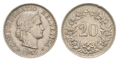 Швейцария 20 раппенов 1945 B KM 29a медно-никель 4625-1018