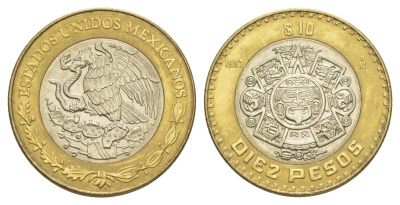 Мексика 10 песо 1997 Мо, бог Тонатиуха с огненной маской KM 616 биметалл aUNC 4637-717