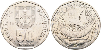 Португалия 50 эскудо 1989 парусник KM 636 медно-никель 4572-523