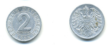 АВСТРИЯ 2 ГРОША 1954 KM 2876 алюминий 4364-523