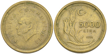 Турция 5000 лир 1995 Мустафа Кемаль Ататюрк KM 1029.1 латунь 106-715